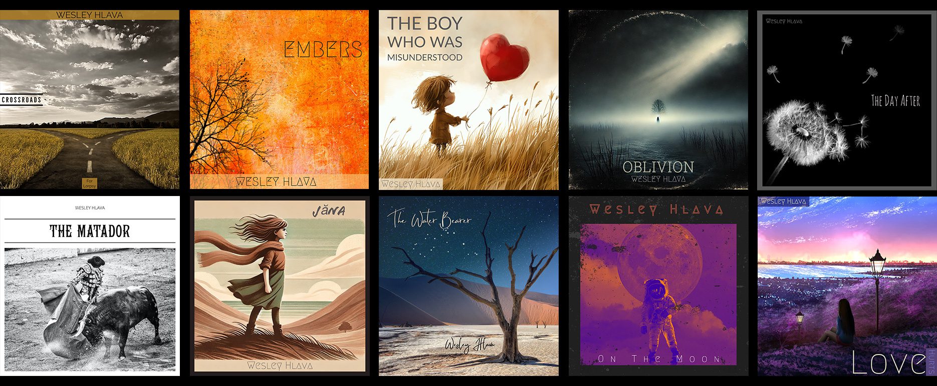 Collage of album artwork representing original instrumental compositions by Wesley Hlava